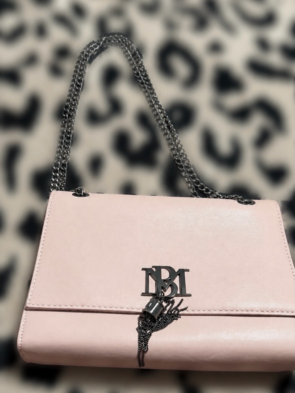 Blush Pink Chain-Handle Shoulder Bag with Monogram Accent